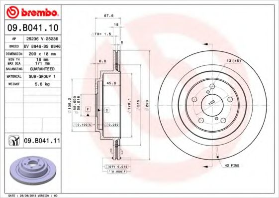 BREMBO - 09.B041.10 - Диск гальмівний зад. Subaru Impreza 02-