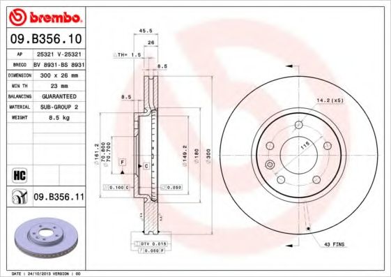 BREMBO - 09.B356.11 - Диск гальмівний CHEVROLET CRUZE, OPEL ASTRA J передн. (вир-во BREMBO)