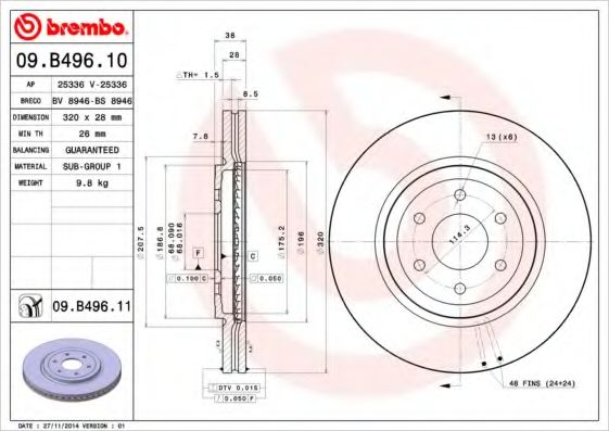 BREMBO - 09.B496.10 - Диск гальмівний передн. (вир-во BREMBO)