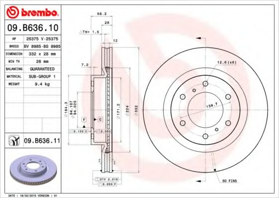 BREMBO - 09.B636.11 - Диск гальмівний MITSUBISHI PAJERO IV передн. (вир-во BREMBO)