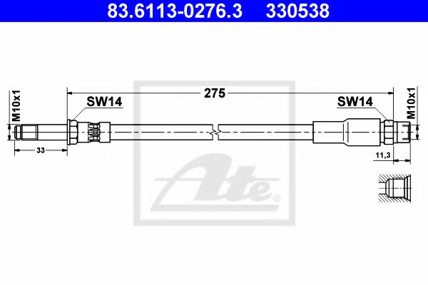 ATE - 83.6113-0276.3 - Шланг гальмівний зад.  L+R Bmw E39 320MM