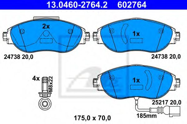 ATE - 13.0460-2764.2 - Гальмівні колодки дискові перед. VW Sharan 2010- / Passat 2010- / Octavia 2010- / Audi a3