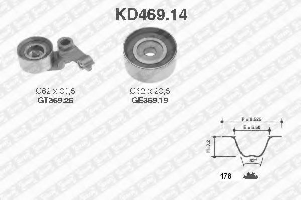 SNR - KD469.14 - К-кт ГРМ (пасок+2ролики) Toyota Avensis/RAV 4 2.0D 99-