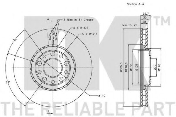 NK - 201022 - Гальмівний диск пер.Chrysler 200; Fiat 500X; Jeep Compass, Renegade 1.0-3.6Alk 09.10-