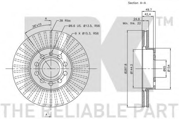 NK - 204788 - Гальмівний диск перед. 288X25 Audi A3 1.6-3.2 V6 quattro 05.03-
