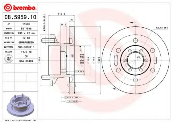 BREMBO - 08.5959.10 - Гальмівний  диск Iveco Daily 30.8/Daily 35.10/Daily 35.12/Dail 2.3D-3.0D 01.85-07.07