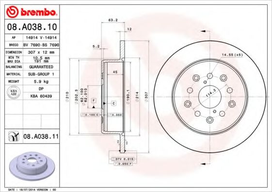 BREMBO - 08.A038.11 - Гальмівний диск