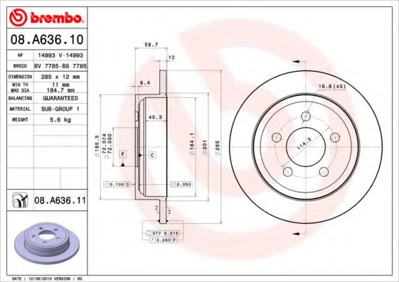 BREMBO - 08.A636.10 - Тормозной диск