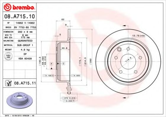 BREMBO - 08.A715.10 - Диск гальмівний NISSAN JUKE, QASHQAI 1.5DCI 16V 08.07-,10.06- задн. (вир-во BREMBO)