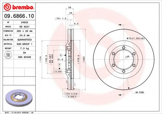 BREMBO - 09.6866.10 - Тормозной диск (Тормозная система)