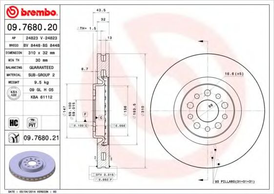 BREMBO - 09.7680.21 - Тормозной диск