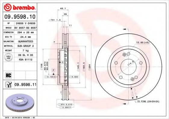 BREMBO - 09.9598.11 - Диск тормозной