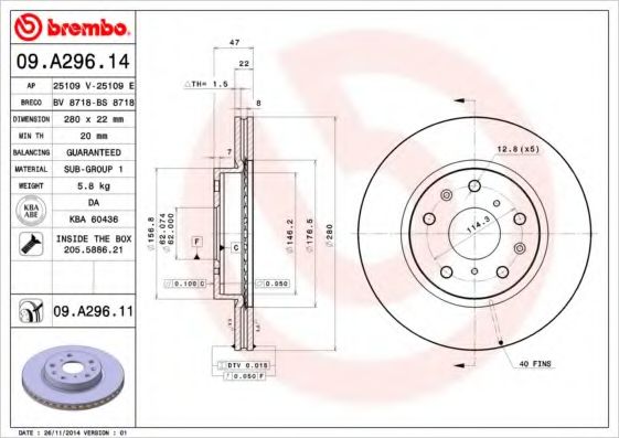 BREMBO - 09.A296.11 - Диск тормозной