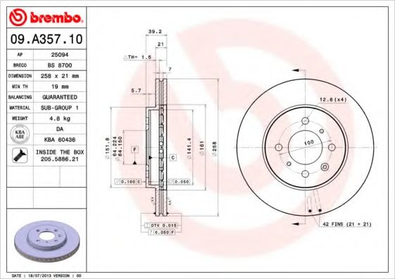 BREMBO - 09.A357.10 - Диск тормозной
