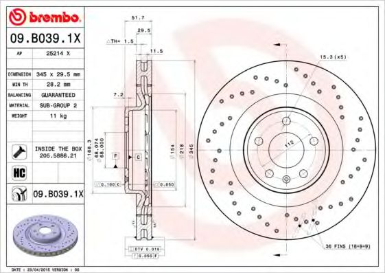 BREMBO - 09.B039.1X - Гальмівний диск
