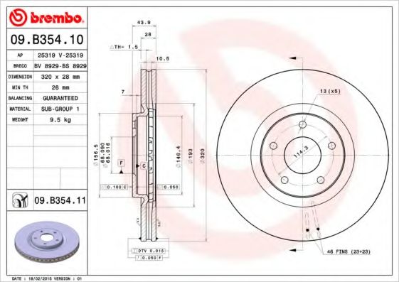 BREMBO - 09.B354.10 - Диск гальмівний перед. Nissan Qashqai// Renault Koleos 1.6Dci-2.5 02.07-