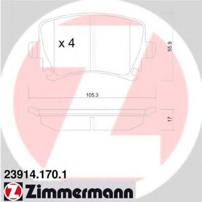 ZIMMERMANN - 23914.170.1 - Колодки гальмівнi зад. VW Touran 1.6 1.9 TDI 2.0 TDI 02.03- Skoda