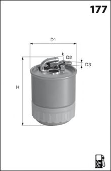 MECAFILTER - ELG5342 - Фiльтр паливний (h=128 mm) (з отвором для датчика води)DB W169/204/211 Sprinter/Vito/Viano