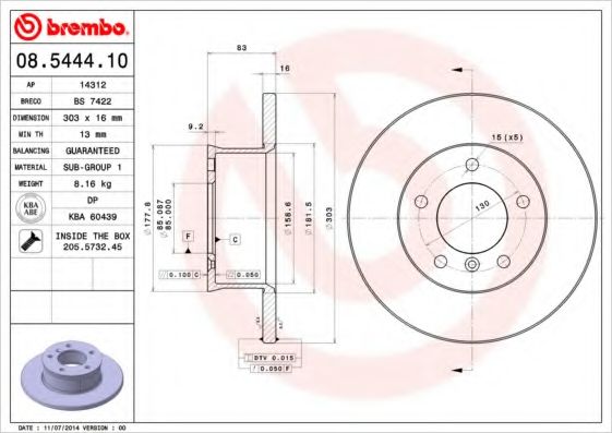 BREMBO - 08.5444.10 - Диск гальмівний перед.  DB G-Klasse (W460)  79-93  303X16