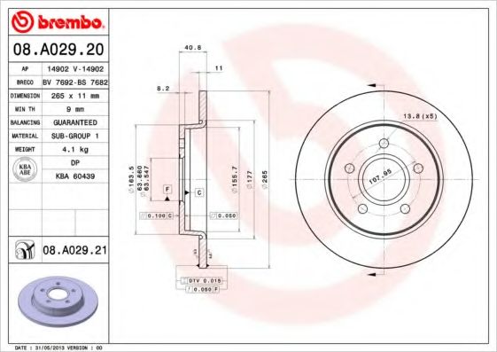 BREMBO - 08.A029.21 - Диск гальмівний FORD C-MAX, FOCUS задн. (вир-во BREMBO)