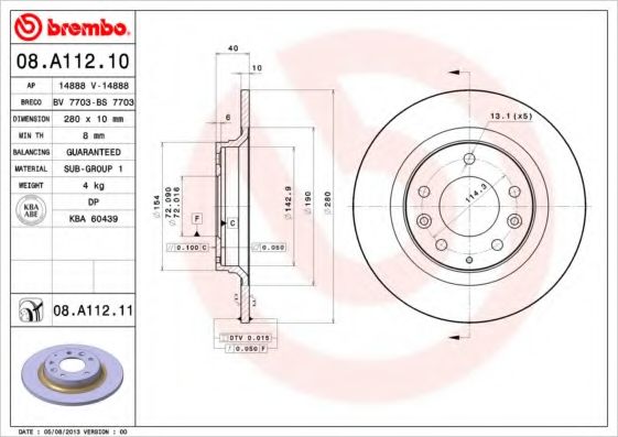 BREMBO - 08.A112.11 - Диск гальмівний MAZDA 323(BJ)/6/626(GW) 01.2001- задн. (вир-во BREMBO)