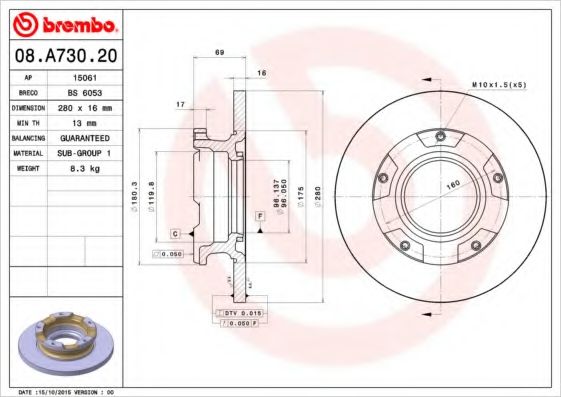 BREMBO - 08.A730.20 - Гальмівний диск