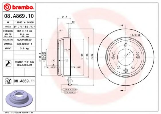 BREMBO - 08.A869.11 - Диск тормозной