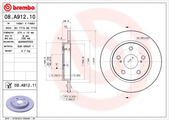 BREMBO - 08.A912.11 - Гальмівний диск