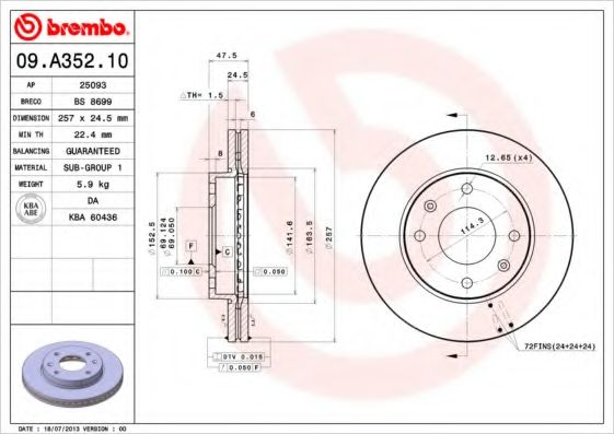 BREMBO - 09.A352.10 - Гальмівний диск