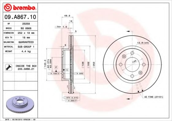 BREMBO - 09.A867.10 - Диск тормозной