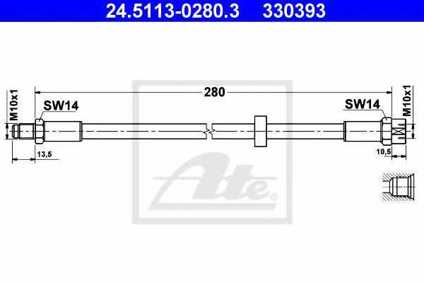 ATE - 24.5113-0280.3 - Шланг гальмівний перед. Volvo 340/360  V90 80    -91 L=313mm