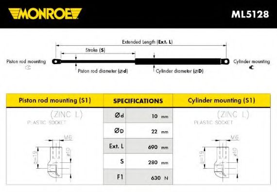 MONROE - ML5128 - Амортизатор багажника зад. RENAULT KANGOO 98-02