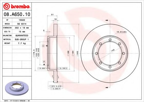 BREMBO - 08.A650.10 - [RWD] Диск гальмівний  Renault Master 2010-