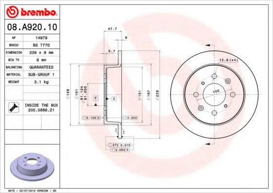 BREMBO - 08.A920.10 - Гальмівний диск