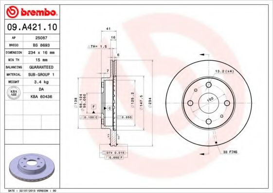 BREMBO - 09.A421.10 - Диск тормозной