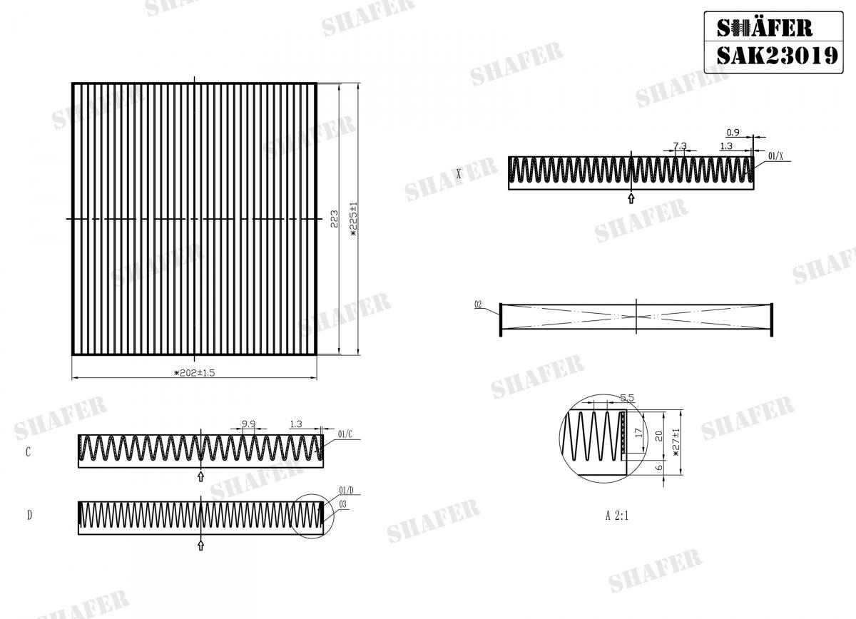 Фільтр салонний вугільний Hyundai Accent V (17-), Tucson III (15-), Creta I (14-), Kona I (17-), Kia Rio IV (17-), Sportage IV (15-), Stonic I (17-), (224x201x2